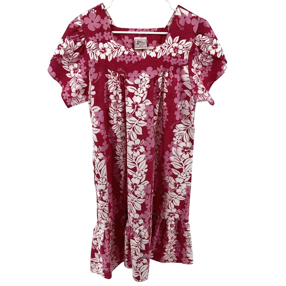 Vintage Kalena Fashions of Hawaii Midi Mumu Dress Pocket Hibiscus Floral Pink M